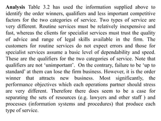 Analysis Table 3.2 has used the information supplied above to
identify the order winners, qualifiers and less important competitive
factors for the two categories of service. Two types of service are
very different. Routine services must be relatively inexpensive and
fast, whereas the clients for specialist services must trust the quality
of advice and range of legal skills available in the firm. The
customers for routine services do not expect errors and those for
specialist services assume a basic level of dependability and speed.
These are the qualifiers for the two categories of service. Note that
qualifiers are not ‘unimportant’. On the contrary, failure to be ‘up to
standard’ at them can lose the firm business. However, it is the order
winner that attracts new business. Most significantly, the
performance objectives which each operations partner should stress
are very different. Therefore there does seem to be a case for
separating the sets of resources (e.g. lawyers and other staff ) and
processes (information systems and procedures) that produce each
type of service.
 
