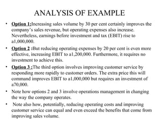 ANALYSIS OF EXAMPLE
• Option 1:Increasing sales volume by 30 per cent certainly improves the
company’s sales revenue, but operating expenses also increase.
Nevertheless, earnings before investment and tax (EBIT) rise to
a1,000,000.
• Option 2 :But reducing operating expenses by 20 per cent is even more
effective, increasing EBIT to a1,200,000. Furthermore, it requires no
investment to achieve this.
• Option 3 :The third option involves improving customer service by
responding more rapidly to customer orders. The extra price this will
command improves EBIT to a1,000,000 but requires an investment of
a70,000.
• Note how options 2 and 3 involve operations management in changing
the way the company operates.
• Note also how, potentially, reducing operating costs and improving
customer service can equal and even exceed the benefits that come from
improving sales volume.
 