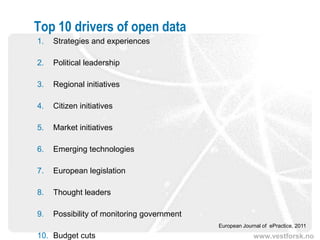 Top 10 drivers of open data
1.   Strategies and experiences

2.   Political leadership

3.   Regional initiatives

4.   Citizen initiatives

5.   Market initiatives

6.   Emerging technologies

7.   European legislation

8.   Thought leaders

9.   Possibility of monitoring government
                                            European Journal of ePractice, 2011
10. Budget cuts                                          www.vestforsk.no
 