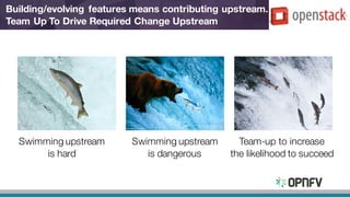 Building/evolving features means contributing upstream.
Team Up To Drive Required Change Upstream
Swimming upstream
is hard
Team-up to increase
the likelihood to succeed
Swimming upstream
is dangerous
 