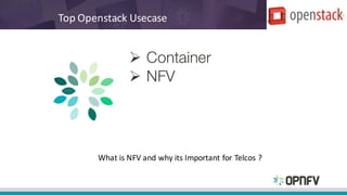 Ø Container
Ø NFV
Top	Openstack Usecase
What	is	NFV	and	why	its	Important	for	Telcos ?
 
