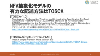 NFV抽象化モデルの
有力な記述方法はTOSCA
[TOSCA-1.0]
◦ Topology and Orchestration Topology and Orchestration Specification for Cloud
Applications (TOSCA) Version 1.0, an OASIS Standard, 25 November 2013
◦ OASIS(Organization for the Advancement of Structured Information Standards)が
定めたクラウドアプリケーション向けのトポロジー・オーケストレーションに関する仕様
◦ アプリとインフラを，クラウド環境に非依存で記述できる
◦ http://docs.oasis-open.org/tosca/TOSCA/v1.0/os/TOSCA-v1.0-os.pdf
[TOSCA-Simple-Profile-YAML]
◦ TOSCA Simple Profile in YAML Version 1.0
◦ https://www.oasis-open.org/committees/download.php/52571/TOSCA-Simple-
Profile-YAML-v1.0-wd01-Rev-38.pdf
NSP	CONSORTIUM	@	OPNFV	MEETUP	TOKYO	#1 212016年9月9日
 
