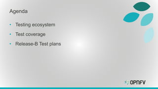 Agenda
• Testing ecosystem
• Test coverage
• Release-B Test plans
 