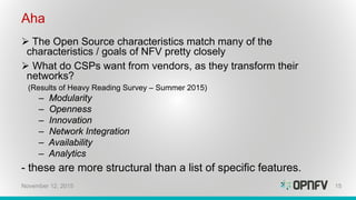 Aha
 The Open Source characteristics match many of the
characteristics / goals of NFV pretty closely
 What do CSPs want from vendors, as they transform their
networks?
(Results of Heavy Reading Survey – Summer 2015)
– Modularity
– Openness
– Innovation
– Network Integration
– Availability
– Analytics
- these are more structural than a list of specific features.
15November 12, 2015
 
