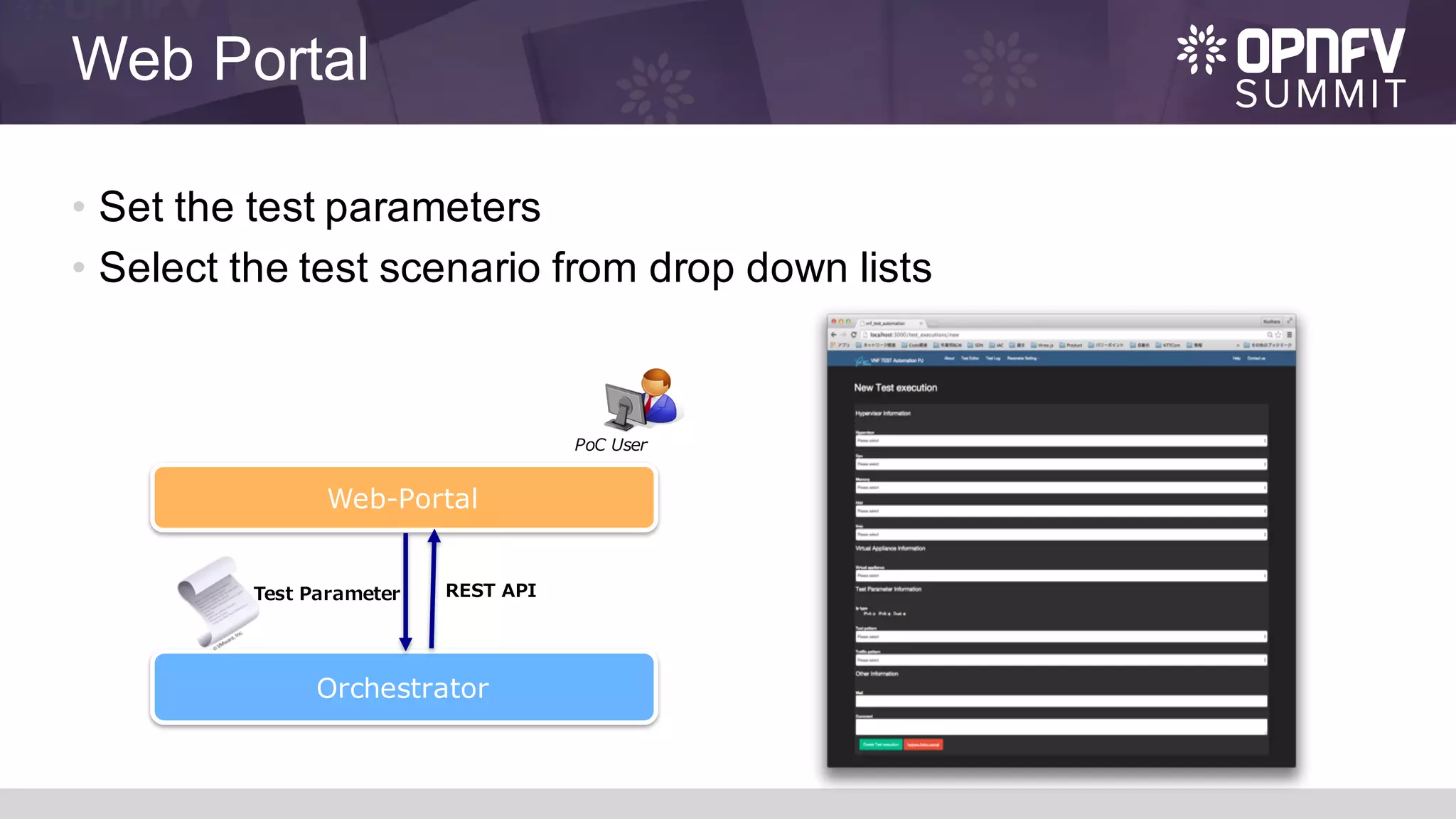 Web Portal
• Set the test parameters
• Select the test scenario from drop down lists
Orchestrator
Web-Portal
REST API
PoC User
Test Parameter
 