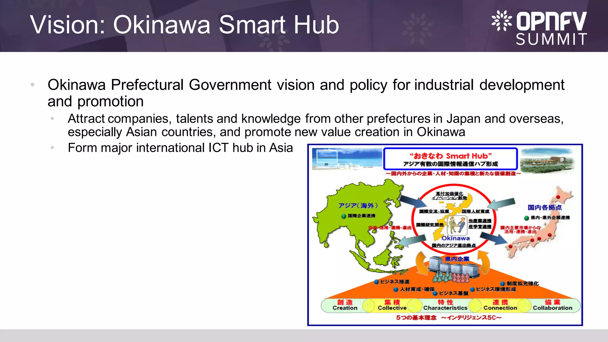 Vision: Okinawa Smart Hub
• Okinawa Prefectural Government vision and policy for industrial development
and promotion
• Attract companies, talents and knowledge from other prefectures in Japan and overseas,
especially Asian countries, and promote new value creation in Okinawa
• Form major international ICT hub in Asia
 