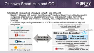 Okinawa Smart Hub and OOL
• Contribute to realizing Okinawa Smart Hub concept
• Based in Okinawa with support from Okinawa Prefectural Government, attracting leading
companies, organizations, educational institutions, and research bodies from other
prefectures in Japan and overseas, especially Asia, and promoting international R&D
activities
• Contributes to promoting concentration of ICT industries and advancement of regional
companies
SDN technology research and
standardization base
OSS cloud development community
Leading Linux and OSS organization
OSS SDN development project
Okinawa Open Laboratory
Practical-use research base that integrates
cloud technology and SDN technology
International
R&D organization
Leading companies and organizations
from other prefectures in Japan
and overseas, especially Asia
Technology
cooperation
Cooperation, attraction
Activity support
・Support for R&D activities
・Promotion of cloud DC facility use
 