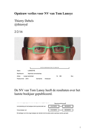 Opnieuw verlies voor NV van Tom Lanoye
Thierry Debels
@thierryd
2/2/16
De NV van Tom Lanoy heeft de resultaten over het
laatste boekjaar gepubliceerd.
1
 