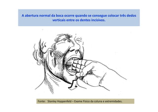 A abertura normal da boca ocorre quando se consegue colocar três dedos
verticais entre os dentes incisivos.
Fonte: Stanley Hoppenfeld – Exame Físico da coluna e extremidades.
 