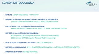 9
SCHEDA METODOLOGICA
• ISTITUTO: LORIEN CONSULTING – WPP GROUP
• NUMERO DELLE PERSONE INTERPELLATE ED UNIVERSO DI RIFERIMENTO:
1.000 CITTADINI RAPPRESENTATIVI DELLA POPOLAZIONE ITALIANA
• CRITERI SEGUITI PER LA FORMAZIONE DEL CAMPIONE:
RAPPRESENTATIVITÀ GARANTITA PER SESSO, ETÀ, AREA, DIMENSIONE CENTRO
• METODO DI RACCOLTA DELLE INFORMAZIONI:
800 interviste CATI (Computer-Assisted Telephone Interviewing)
200 interviste CAWI (Computer-Assisted Web Interviewing)
• DATA DI REALIZZAZIONE DELLE INTERVISTE: 18-21 GENNAIO 2018
• METODO DI ELABORAZIONE: SPSS – ELABORAZIONE QUANTUM – INTERVALLO DI CONFIDENZA 95%
• DIRETTORE DI RICERCA: MATTEO PIETRIPAOLI
 