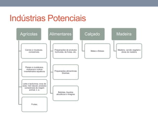 Indústrias Potenciais
Agrícolas
Carnes e miudezas,
comestíveis
Peixes e crustáceos,
moluscos e outros
invertebrados aquáticos
Leite e lacticínios; ovos de
aves; mel natural; produtos
comestíveis de origem
animal, n. e.
Frutas;
Alimentares
Preparações de produtos
hortícolas, de frutas, etc.
Preparações alimentícias
diversas
Bebidas, líquidos
alcoólicos e vinagres
Calçado
Malas e Bolsas
Madeira
Madeira, carvão vegetal e
obras de madeira
 