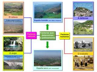 Factores que determinan o poboamento Factores naturais Factores humanos O relevo accidentado  favore- ce a dispersión das explota- cións. O relevo suave  favorece a concentración das explotacións. O relevo A abundancia de auga  favorece a dispersión do poboamento A escaseza de auga  favorece a concentración do hábitat. A auga Ante a inseguridade  a poboación concentrase a carón dun castelo ou dentro dunhas murallas. Cando a seguridade está garan- tida  o poboamento é disperso A defensa O traballo individual ou fami- liar  favorece a dispersión O traballo colectivo  impulsa a concentración do poboamento O traballo España húmida:  pob. illado e disperso España seca:  pob. concentrado 