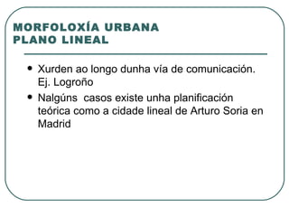 MORFOLOXÍA URBANA PLANO LINEAL Xurden ao longo dunha vía de comunicación. Ej. Logroño Nalgúns  casos existe unha planificación teórica como a cidade lineal de Arturo Soria en Madrid 