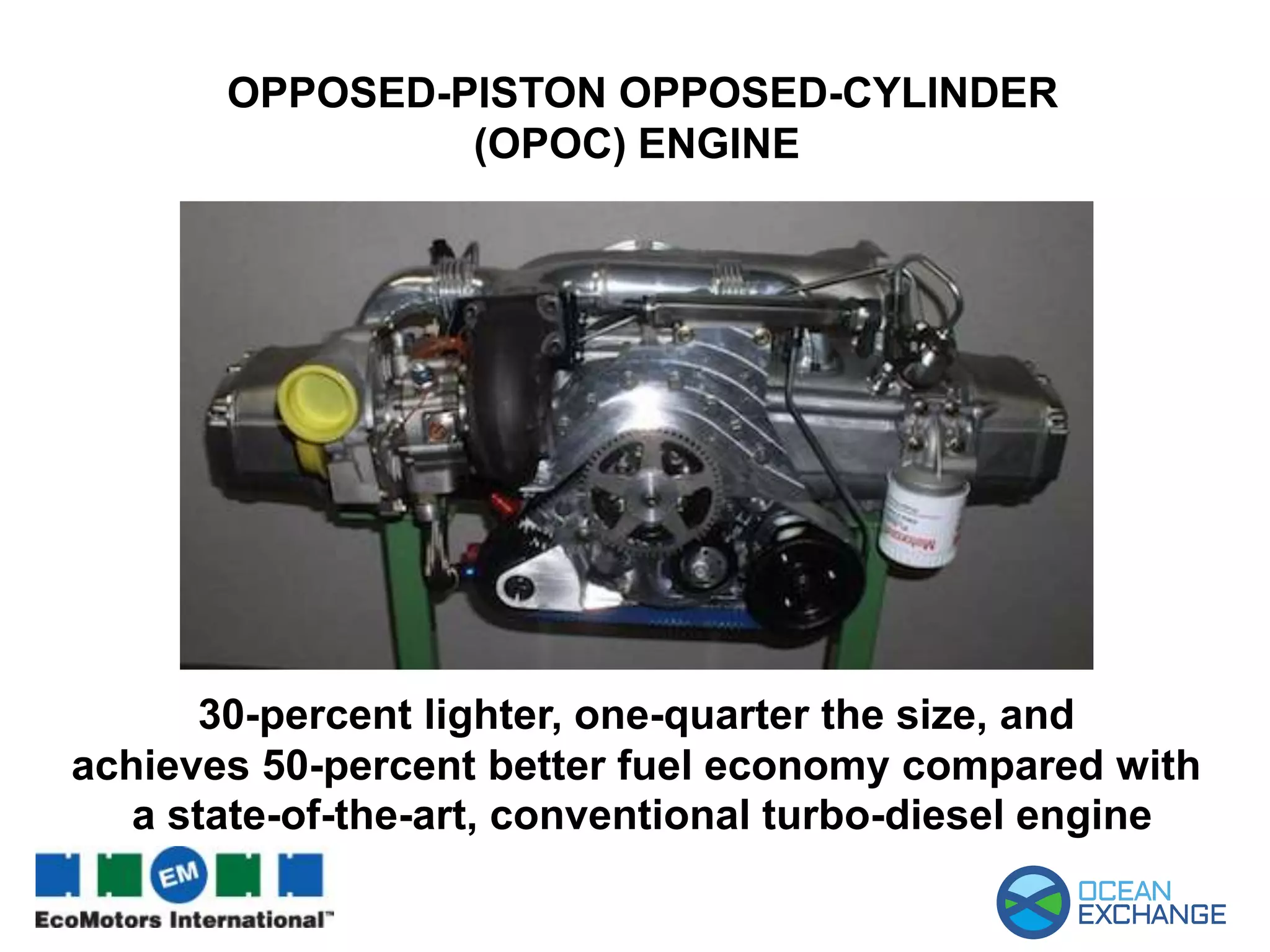 OPPOSED-PISTON OPPOSED-CYLINDER
(OPOC) ENGINE
30-percent lighter, one-quarter the size, and
achieves 50-percent better fuel economy compared with
a state-of-the-art, conventional turbo-diesel engine