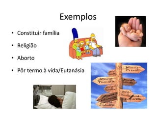 ExemplosConstituir família Religião AbortoPôr termo à vida/Eutanásia