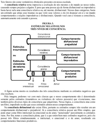 Tais fatores são como verdadeiros obstáculos presentes em nossa escalada.
A consciência relativa torna imprecisa a avaliação de nós mesmos e do mundo ao nosso redor,
causando sempre prejuízo a alguém. E para que uma pessoa aja de forma disfuncional ou improdutiva
basta haver nela uma consciência relativa ou, até mesmo, disfuncional. Nessas duas categorias, basta
um estímulo que atinja seus traumas ou que viole seus valores e ela irá despejar em si e no mundo
comportamentos e reações improdutivas e disfuncionais. Quando você cura e restaura a consciência,
automaticamente está curando a pessoa.
FIGURA 3.
ESTÍMULOS NEGATIVOS NOS
TRÊS NÍVEIS DE CONSCIÊNCIA
A figura acima mostra os resultados das três consciências mediante os estímulos negativos que
elas recebem.
Pela imagem, podemos ver com mais clareza que o nosso comportamento não é determinado
somente pelos estímulos (traumáticos ou violadores de valores pessoais) que vivenciamos, mas
também pelos diversos tipos de consciência que adquirimos. Nessa lógica, a consciência atua como
um filtro, impedindo ou não que esses estímulos afetem nosso comportamento.
Na consciência disfuncional não existe filtro, portanto os estímulos sempre irão resultar em um
comportamento disfuncional e prejudicial. Já a consciência relativa possui um filtro simples, que
pode atuar como filtro intelectual ou emocional ou de amor, “peneirando” parcialmente os estímulos
ruins. Por fim, temos a consciência plena, que é a que retém bem mais estímulos negativos, pois ela
possui três filtros simultaneamente, o intelectual, o emocional e o de amor, resultando em
comportamentos funcionais produtivos.
 