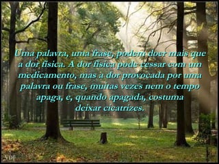 Uma palavra, uma frase, podem doer mais que a dor física. A dor física pode cessar com um medicamento, mas a dor provocada por uma palavra ou frase, muitas vezes nem o tempo apaga, e, quando apagada, costuma deixar cicatrizes. 