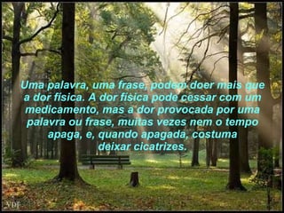 Uma palavra, uma frase, podem doer mais que a dor física. A dor física pode cessar com um medicamento, mas a dor provocada por uma palavra ou frase, muitas vezes nem o tempo apaga, e, quando apagada, costuma deixar cicatrizes. 