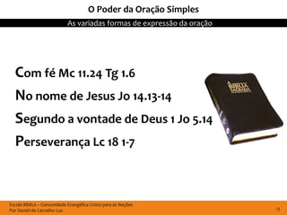 O Poder da Oração Simples
                            As variadas formas de expressão da oração




  Com fé Mc 11.24 Tg 1.6
  No nome de Jesus Jo 14.13-14
  Segundo a vontade de Deus 1 Jo 5.14
  Perseverança Lc 18 1-7


Escola Bíblica – Comunidade Evangélica Cristo para as Nações
Por Daniel de Carvalho Luz                                              13
 
