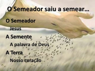 O Semeador saiu a semear…
O Semeador
Jesus
A Semente
A palavra de Deus
A Terra
Nosso coração
10
 