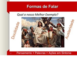 2727
Formas de FalarFormas de Falar
Qual o nosso Melhor Exemplo?
Docilidade
Austeridade
Pensamento + Palavras + Ações em Sintonia
 