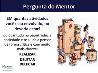 Pergunta do Mentor
EM quantas atividades
você está envolvido, ou
deveria estar?
Colocar tudo no papel reduz a
ansiedade e te ajuda a pensar
de forma crítica e com muito
mais clareza:
REALIZAR
DELETAR
DELEGAR
 