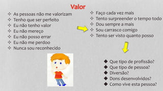 Valor
 Faço cada vez mais
 Tento surpreender o tempo todo
 Dou sempre a mais
 Sou carrasco comigo
 Tento ser visto quanto posso
 As pessoas não me valorizam
 Tenho que ser perfeito
 Eu não tenho valor
 Eu não mereço
 Eu não posso errar
 Eu não me perdoo
 Nunca sou reconhecido
◆ Que tipo de profissão?
◆ Que tipo de pessoa?
◆ Diversão?
◆ Dons desenvolvidos?
◆ Como vive esta pessoa?
 