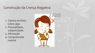 Construção da Crença Negativa
1. Clareza errônea
sobre algo
2. Pessoalidade,
subjetividade
3. Afirmação
4. Compreensão
mental
 