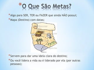 * Algo para SER, TER ou FAZER que ainda NÃO possui;
* Mapa (Destino) com datas;




* Servem para dar uma ideia clara do destino;
* Ou você lidera a vida ou é liderado por ela (por outras
 pessoas);
 