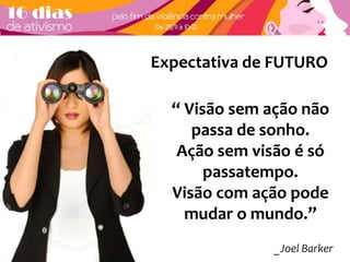 Expectativa de FUTURO 
“ Visão sem ação não 
passa de sonho. 
Ação sem visão é só 
passatempo. 
Visão com ação pode 
mudar o mundo.” 
_Joel Barker 
 