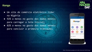 Konga
● Um site de comércio eletrônico líder
na Nigéria
● 92% a menos no gasto dos dados móveis
para carregar a tela inicial;
● 82% a menos no gasto dos dados móveis
para concluir a primeira transação;
https://developers.google.com/web/showcase/2016/konga
 