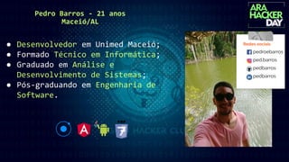 Pedro Barros - 21 anos
Maceió/AL
● Desenvolvedor em Unimed Maceió;
● Formado Técnico em Informática;
● Graduado em Análise e
Desenvolvimento de Sistemas;
● Pós-graduando em Engenharia de
Software.
Redes sociais
pedroebarros
ped.barros
pedbarros
pedbarros
 