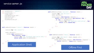 service-worker.js
var cacheVersion = 'pedro01';
self.addEventListener ('install', function (event) {
});
console .log('[SW] Install' );
event.waitUntil(
);
caches.open(cacheVersion )
.then(function (cache) {
console .log('[SW] Carregando application shell' );
return cache.addAll(filesToCache );
})
var filesToCache = [
"index.html" ,
"css/materialize.css" ,
"css/style.css" ,
"js/init.js" ,
"js/materialize.js"
];
self.addEventListener ('activate', function (event) {
});
console .log('[SW] Activate' );
event.waitUntil(
);
caches.keys().then(function (keyList) {
return Promise.all(keyList.map(function (key) {
}));
})
if (key !== cacheVersion ) {
console .log('[SW] Removendo cache antigo' , key);
return caches.delete(key);
}
self.addEventListener ('fetch', function (event) {
});
console.log('[SW] Fetch' , event.request.url);
event.respondWith (
caches.match(event.request).then(function (response) {
return response
})
);Application Shell
|| fetch(event.request);
Oﬄine First
 