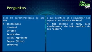 Perguntas
O que acontece se o navegador não
suportar os Service Workers?
R: Não afetará em nada, eles
simplesmente não irão usufruir do
seu “poder”.
Cite 03 características de uma
PWA
R: Instaláveis
Linkável
Offline
Responsivo
Visual Appficado
Seguro (https)
Indexável
 