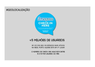 #GEOLOCALIZAÇÃO




              +5 milhões de usuários
                  sp, rj e rs SÃO OS ESTADOS MAIS ATIVOS
                  NA REDE, PORTO ALEGRE ESTÁ EM 4º LUGAR

                  o número de check-ins aqui está entre
                        10 e 15 por usuário ao mês
 