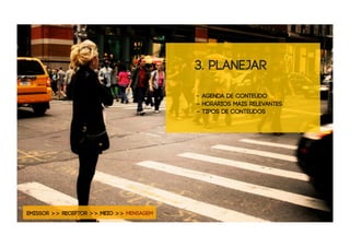 3. planejar

                                          - Agenda de conteúdo
                                          - horários mais relevantes
                                          - tipos de conteúdos




EMISSOR >> RECEPTOR >> MEIO >> MENSAGEM
 