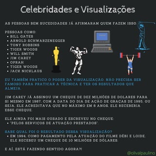 BILL GATES
ARNOLD SCHWARZENEGGER
TONY ROBBINS
TIGER WOODS
WILL SMITH
JIM CAREY
OPRAH
TIGER WOODS
JACK NICKLAUS
"PELOS SERVIÇOS DE ATUAÇÃO PRESTADOS".
EM 1994, COMO PAGAMENTO PELA ATUAÇÃO DO FILME DÉBI E LOIDE,
ELE RECEBEU UM CHEQUE DE 10 MILHÕES DE DÓLARES.
AS PESSOAS BEM SUCEDIDADES JÁ AFIRMARAM QUEM FAZEM ISSO.
PESSOAS COMO:
EU TAMBÉM PRATICO O PODER DA VISUALIZAÇÃO. NÃO PRECISA SER
FAMOSO PARA PRATICAR A TÉCNICA E TER OS RESULTADOS QUE
ALMEJA.
JIM CAREY JÁ ASSINOU UM CHEQUE DE DEZ MILHÕES DE DOLARES PARA
SI MESMO EM 1987, COM A DATA DO DIA DE AÇÃO DE GRAÇAS DE 1995, OU
SEJA, ELE ACREDITAVA QUE NO MÁXIMO EM 8 ANOS, ELE RECEBERIA
ESSE CHEQUE.
ELE AINDA FOI MAIS OUSADO E ESCREVEU NO CHEQUE:
SABE QUAL FOI O RESULTADO DESSA VISUALIZAÇÃO?
E AÍ, ESTÁ FAZENDO SENTIDO AGORA?!
Celebridades e Visualizações
@olivalpaulino
 