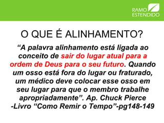 O QUE É ALINHAMENTO?
“A palavra alinhamento está ligada ao
conceito de sair do lugar atual para a
ordem de Deus para o seu futuro. Quando
um osso está fora do lugar ou fraturado,
um médico deve colocar esse osso em
seu lugar para que o membro trabalhe
apropriadamente”. Ap. Chuck Pierce
-Livro “Como Remir o Tempo”-pg148-149
 