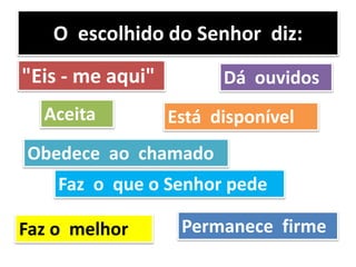O escolhido do Senhor diz:
"Eis - me aqui"
Aceita Está disponível
Obedece ao chamado
Dá ouvidos
Permanece firme
Faz o que o Senhor pede
Faz o melhor
 