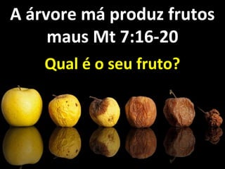 A árvore má produz frutosA árvore má produz frutos
maus Mt 7:16-20maus Mt 7:16-20
Qual é o seu fruto?Qual é o seu fruto?
 
