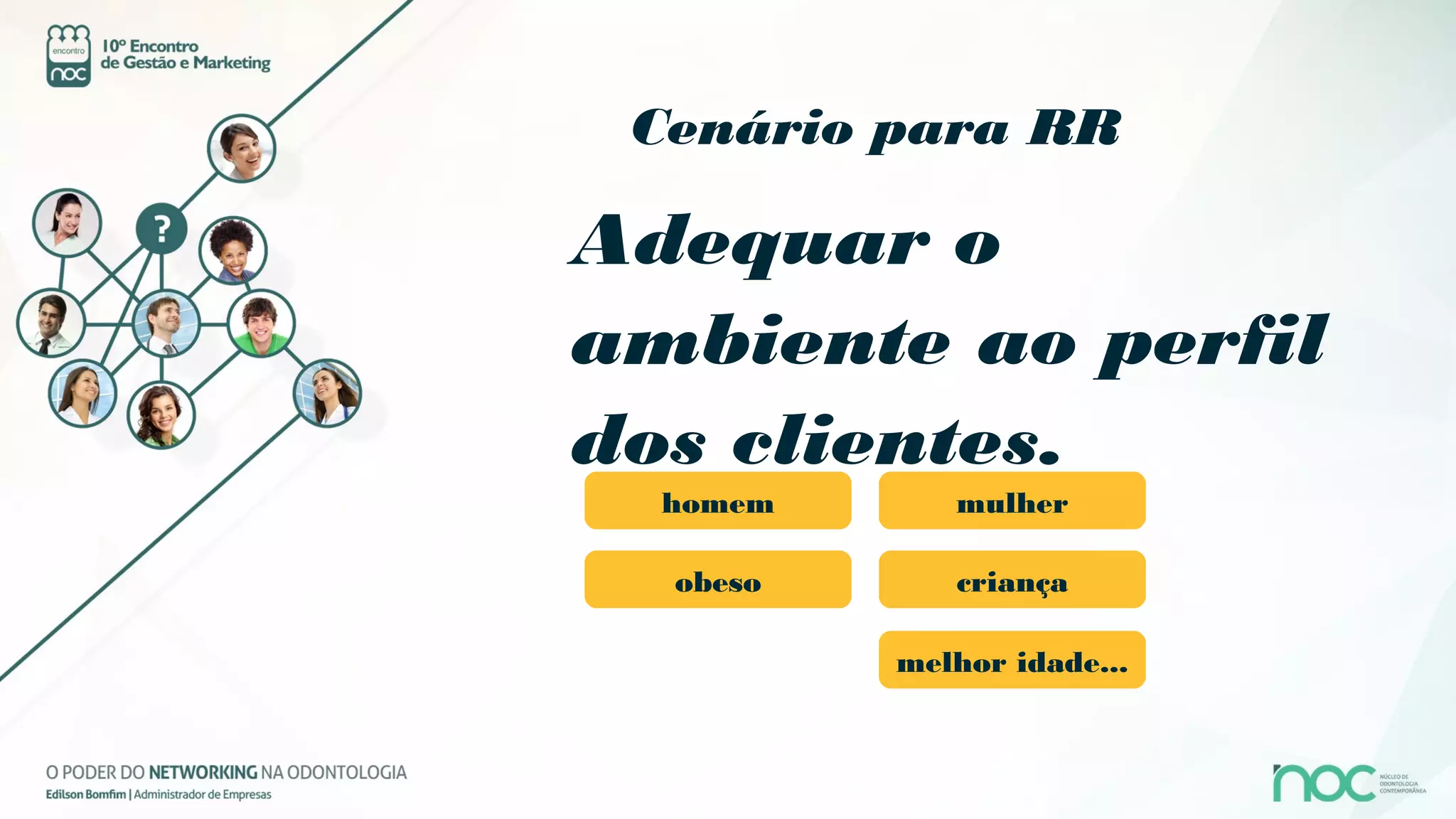 Cenário para RR

Adequar o
ambiente ao perfil
dos clientes.
  homem      mulher

  obeso      criança

          melhor idade...
 