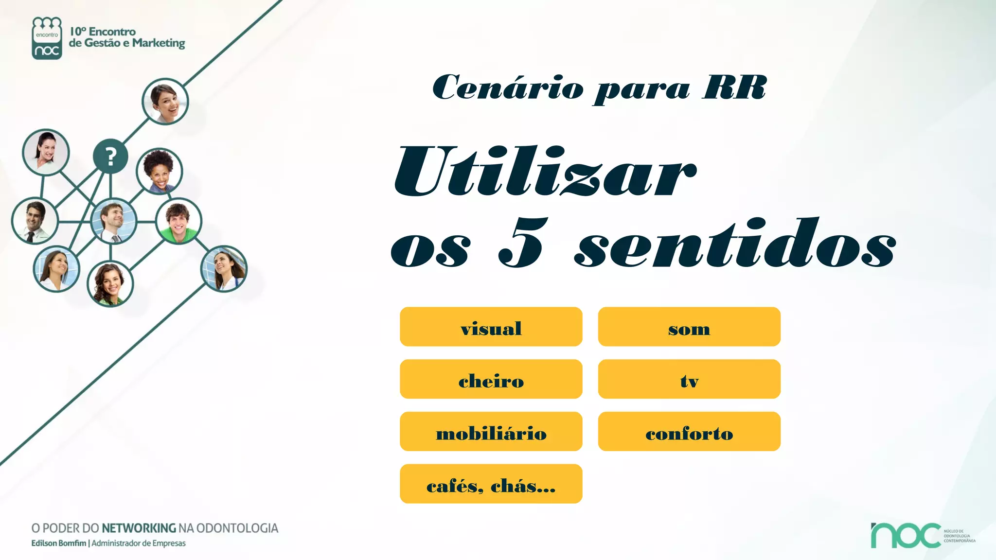 Cenário para RR

Utilizar
os 5 sentidos
   visual          som

   cheiro           tv

 mobiliário      conforto

cafés, chás...
 