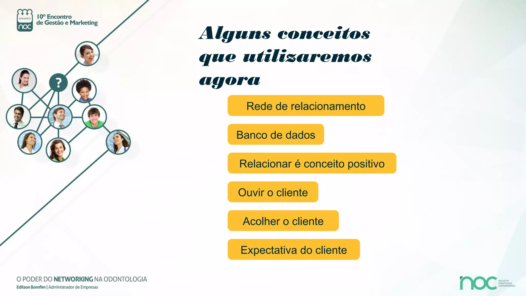 Alguns conceitos
que utilizaremos
agora
    Rede de relacionamento

   Banco de dados

   Relacionar é conceito positivo

   Ouvir o cliente

    Acolher o cliente

   Expectativa do cliente
 