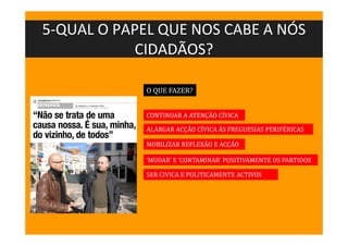 5-QUAL O PAPEL QUE NOS CABE A NÓS
CIDADÃOS?
O QUE FAZER?
CONTINUAR A ATENÇÃO CÍVICA
ALARGAR ACÇÃO CÍVICA ÀS FREGUESIAS PERIFÉRICAS
‘MUDAR’ E ‘CONTAMINAR’ POSITIVAMENTE OS PARTIDOS
SER CIVICA E POLITICAMENTE ACTIVOS
MOBILIZAR REFLEXÃO E ACÇÃO
 