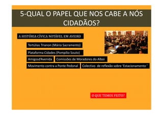 5-QUAL O PAPEL QUE NOS CABE A NÓS
CIDADÃOS?
Tertúlias Trianon (Mário Sacramento)
A HISTÓRIA CÍVICA NOTÁVEL EM AVEIRO
Plataforma Cidades (Pompílio Souto)
Comissões de Moradores do AlboiAmigosd’Avenida
Movimento contra a Ponte Pedonal Colectivo de reflexão sobre ‘Estacionamento ’
O QUE TEMOS FEITO?
 