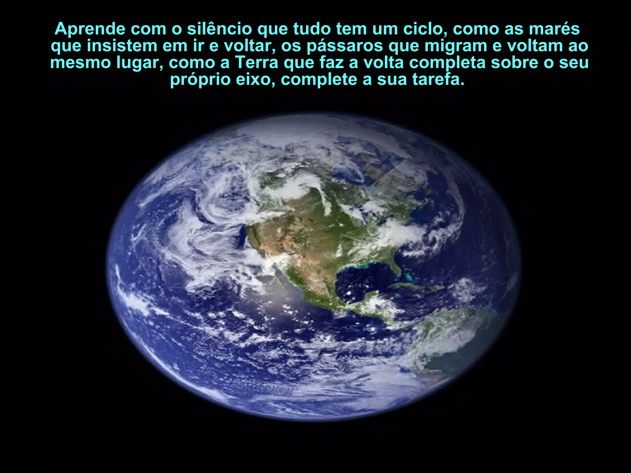 Aprende com o silêncio que tudo tem um ciclo, como as marés
que insistem em ir e voltar, os pássaros que migram e voltam ao
mesmo lugar, como a Terra que faz a volta completa sobre o seu
próprio eixo, complete a sua tarefa.

 