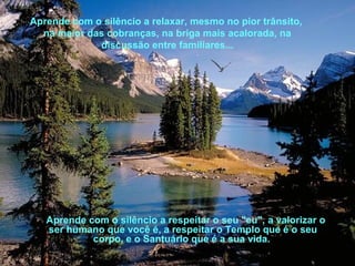 Aprende com o silêncio a relaxar, mesmo no pior trânsito,
na maior das cobranças, na briga mais acalorada, na
discussão entre familiares...

Aprende com o silêncio a respeitar o seu "eu", a valorizar o
ser humano que você é, a respeitar o Templo que é o seu
corpo, e o Santuário que é a sua vida.

 