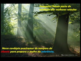 Decepções fazem parte do
                               cardápio das melhores relações




. Nesse cardápio precisamos do tempero do
silencio para prepara o molho da tolerância.
 