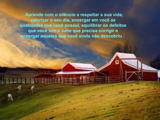 Aprende com o silêncio a respeitar a sua vida, 
valorizar o seu dia, enxergar em você as 
qualidades que você possui, equilibrar os defeitos 
que você tem e sabe que precisa corrigir e 
enxergar aqueles que você ainda não descobriu . 
 