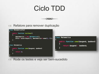 Ciclo TDD
 Refatore para remover duplicação
 Rode os testes e veja ser bem-sucedido
 